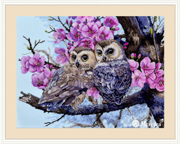 Two Owls in Spring Blossom 38x29 cm SK228